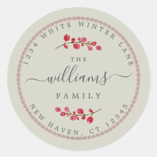 Christmas Berries Green Family Return Address Classic Round Sticker