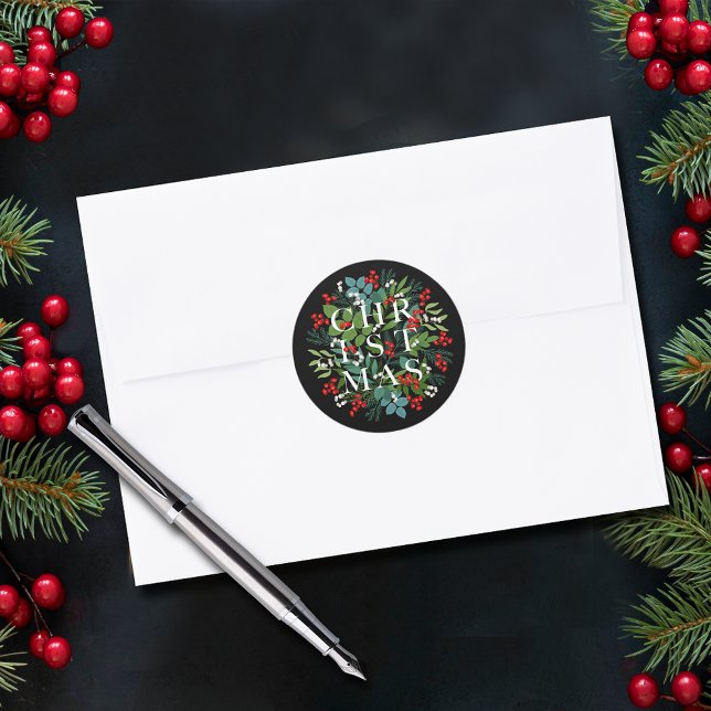 CHRISTMAS Berries Greenery Black Classic Round Sticker (CHRISTMAS Berries Greenery Black Small 1-1/2" Round Stickers (3" also available.))