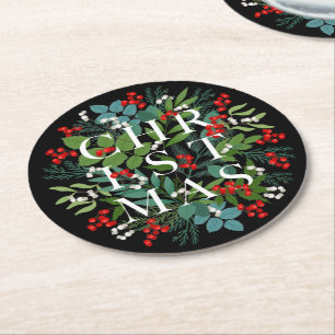 CHRISTMAS Berries Greenery Holiday Black Round Paper Coaster