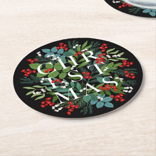 CHRISTMAS Berries Greenery Holiday Black Round Paper Coaster (Angled)