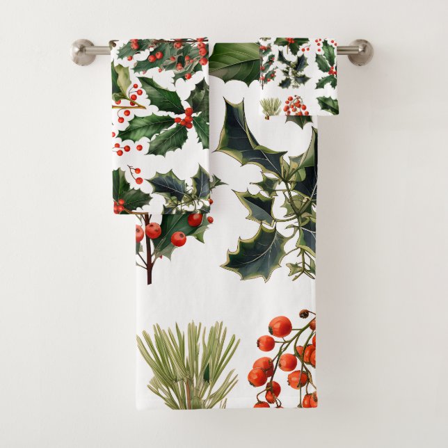 Christmas Berries Holly Leaves. Christmas Berries Bath Towel Set (Insitu)