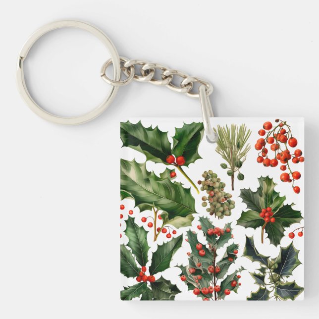 Christmas Berries Holly Leaves. Christmas Berries Key Ring (Front)