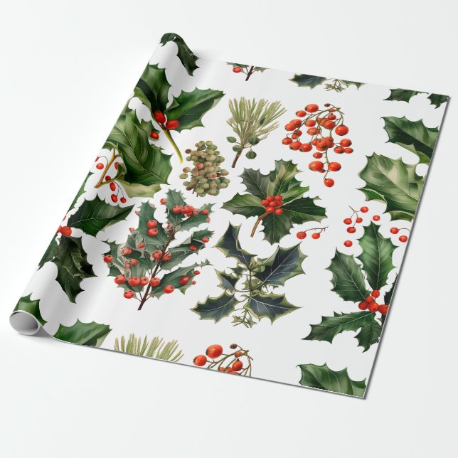 Christmas Berries Holly Leaves. Christmas Berries Wrapping Paper (Unrolled)