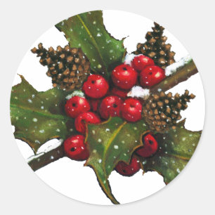 Christmas: Berries, Holly, Pine Cones: Art Classic Round Sticker