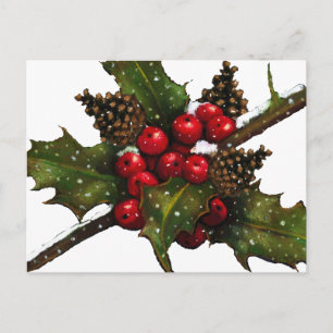 Christmas: Berries, Holly, Pine Cones: Art Holiday Postcard