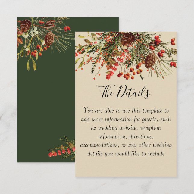 Christmas Berries Wedding Details Card with Green (Front/Back)