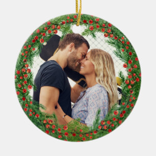 Christmas Berries Wreath Custom Photo Ceramic Tree Decoration