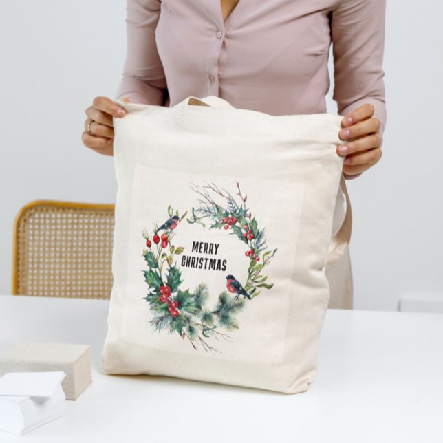 Christmas Berries Wreath Merry Christmas Typograph Tote Bag (Creator Uploaded)