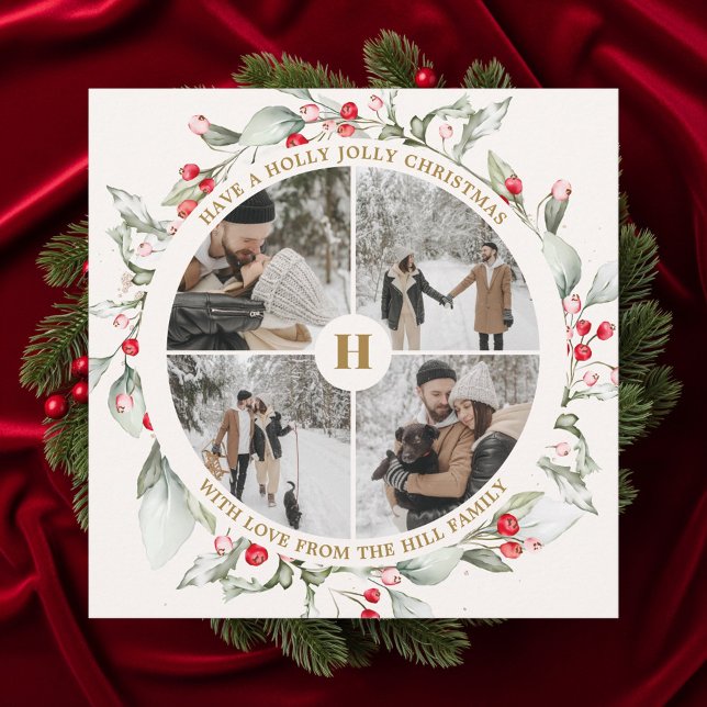Christmas Berries Wreath Photo Collage Holiday Card (Creator Uploaded)