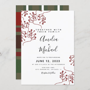 Christmas Berry and Plaid Botanical Wedding Invitation