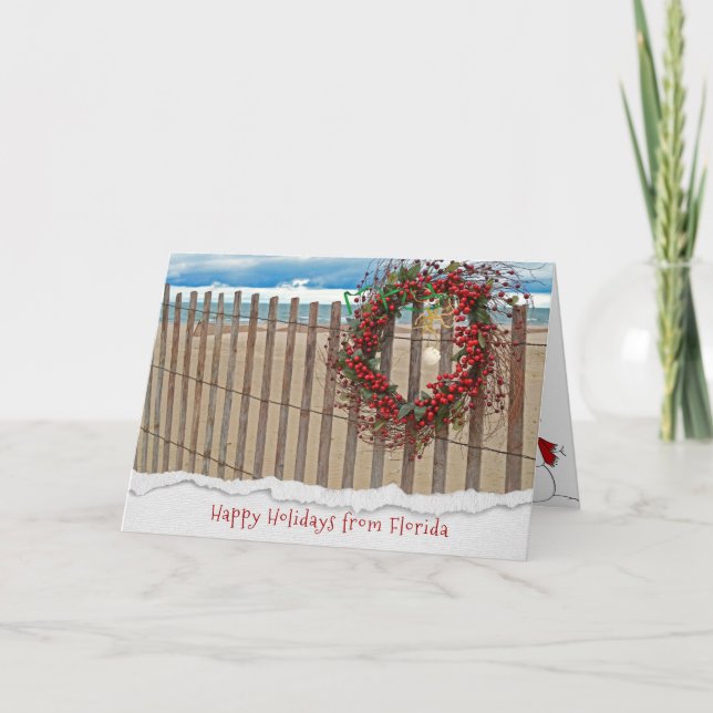 Christmas berry beach wreath on fence holiday card (Front)