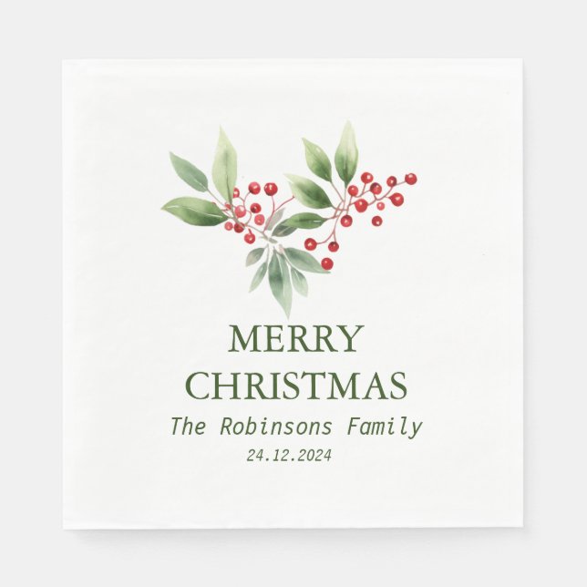 Christmas Berry Branch Watercolor Napkin (Front)