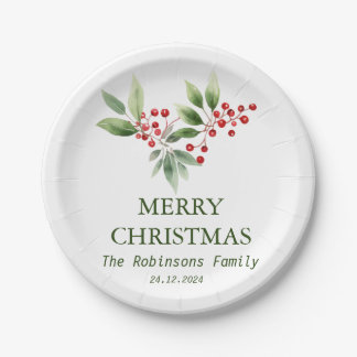 Christmas Berry Branch Watercolor Paper Plate