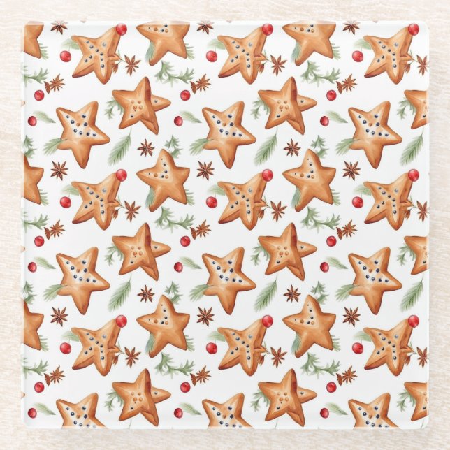 Christmas Berry Cinnamon Bread Seamless Pattern Glass Coaster (Front)