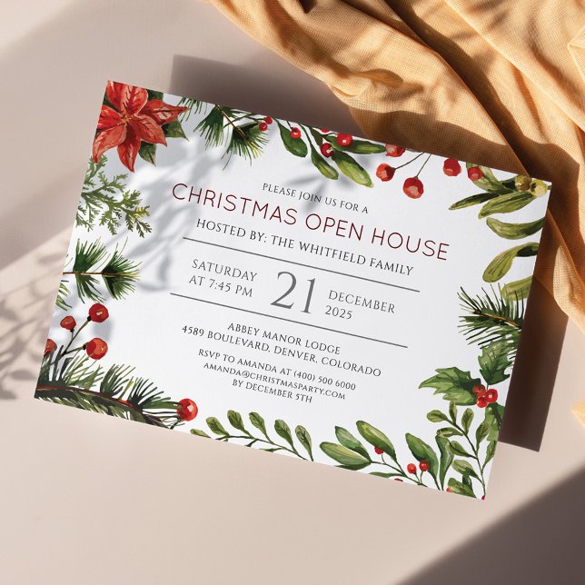  Christmas Berry Mistletoe Holiday Open House Invitation Postcard (Christmas Open House Holiday Party Invitation)