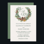 Christmas berry, pine wreath monogram Wedding Invitation<br><div class="desc">Watercolor illustration Christmas wreath with red berries,  pine,  pine cones,  mistletoe and sleigh bells. Invite family and friends to your winter wedding. On the back of the invitation you can add a photo.</div>
