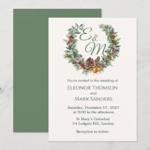 Christmas berry, pine wreath monogram Wedding Invitation