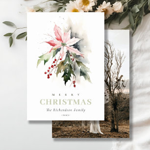 Christmas Berry Poinsettia Fauna Watercolor Photo Holiday Card