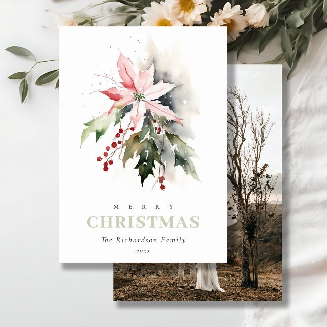 Christmas Berry Poinsettia Fauna Watercolor Photo Holiday Card (Creator Uploaded)