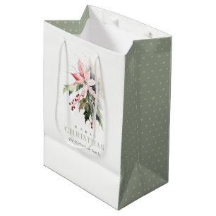 Christmas Berry Poinsettia Foliage Watercolor Medium Gift Bag