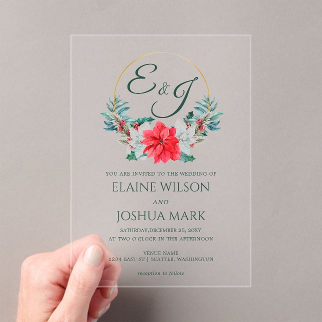 Christmas Berry Poinsettia Wreath Monogram Wedding Acrylic Invitations (Insitu (Handheld))