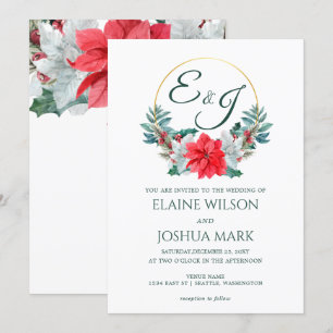 Christmas Berry Poinsettia Wreath Monogram Wedding Invitation