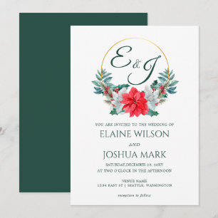 Christmas Berry Poinsettia Wreath Monogram Wedding Invitation