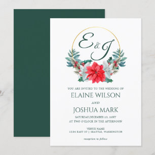 Christmas Berry Poinsettia Wreath Monogram Wedding Invitation