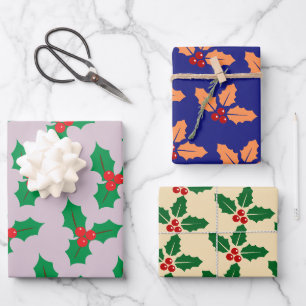 Christmas Berry Wrapping Paper Flat Sheet 3 pcs