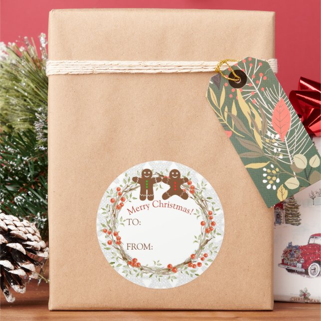 Christmas Berry Wreath Gingerbread To From Classic Round Sticker (Holiday)