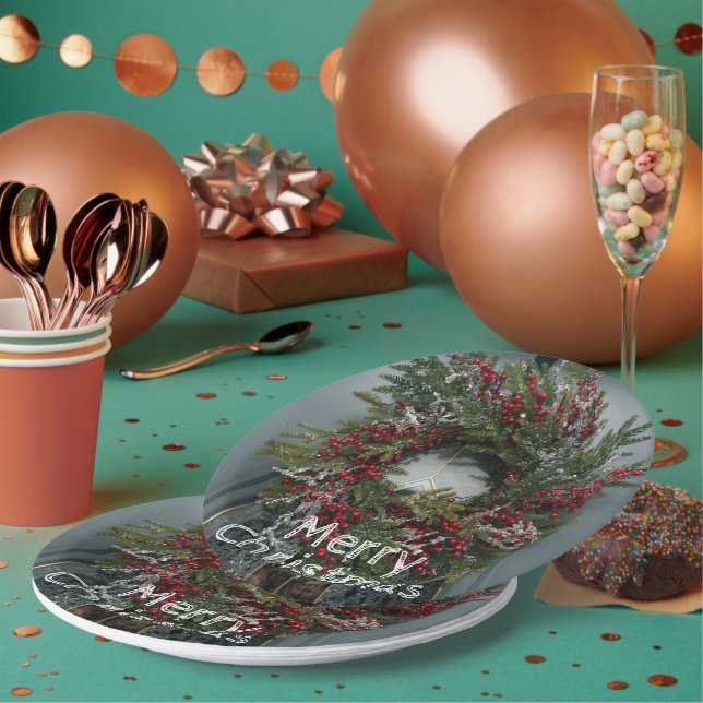 Christmas Berry Wreath on Door  Paper Plate (Multi)