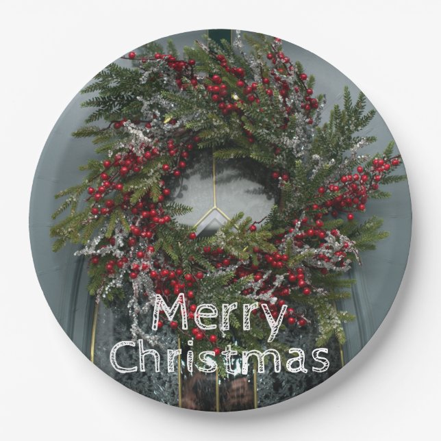 Christmas Berry Wreath on Door  Paper Plate (Front)