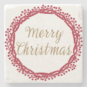 Christmas berry wreath stone coaster
