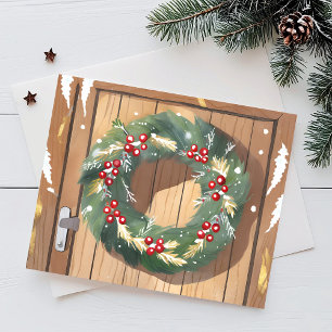 Christmas Berry Wreath   Watercolor Rustic Merry Holiday Postcard