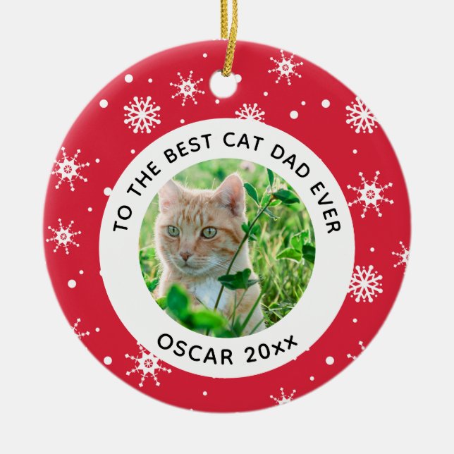 Christmas Best Cat Dad Ever Pet Photo Ceramic Tree Decoration (Front)