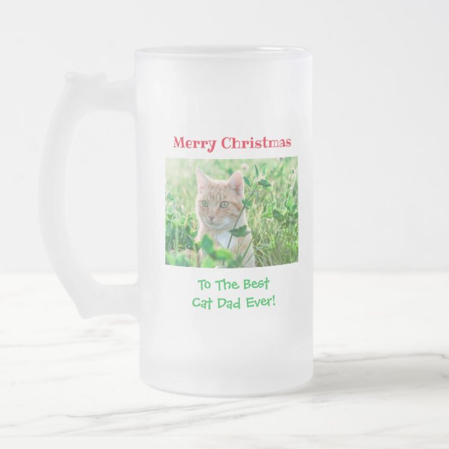 Christmas Best Cat Dad Ever Pet Photo Frosted Glass Beer Mug (Left)
