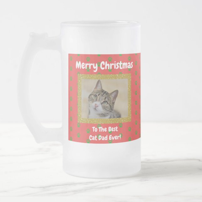 Christmas Best Cat Dad Ever Pet Photo Frosted Glass Beer Mug (Left)