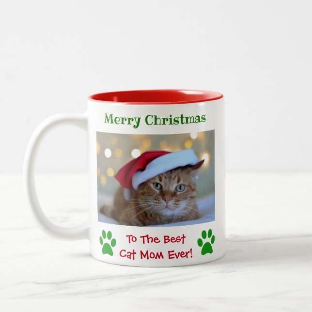 Christmas Best Cat Mum Ever Pet Photo Two-Tone Coffee Mug (Left)