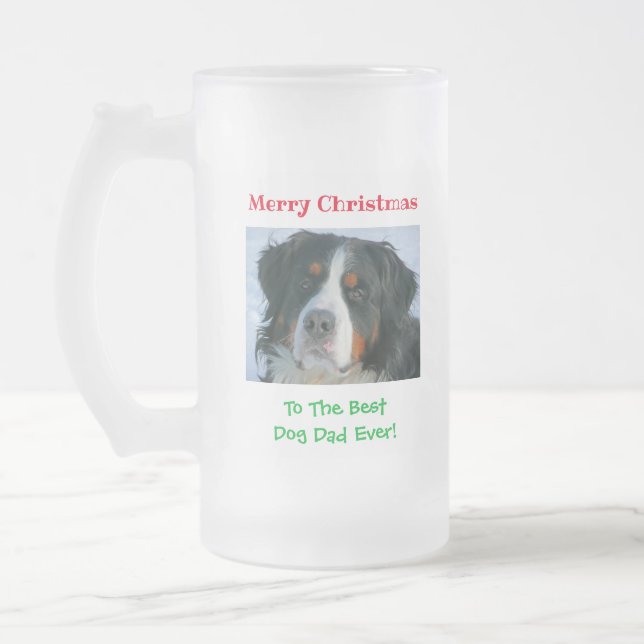 Christmas Best Dog Dad Ever Pet Photo Frosted Glass Beer Mug (Left)