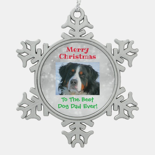 Christmas Best Dog Dad Ever Pet Photo Snowflake Pewter Christmas Ornament (Front)