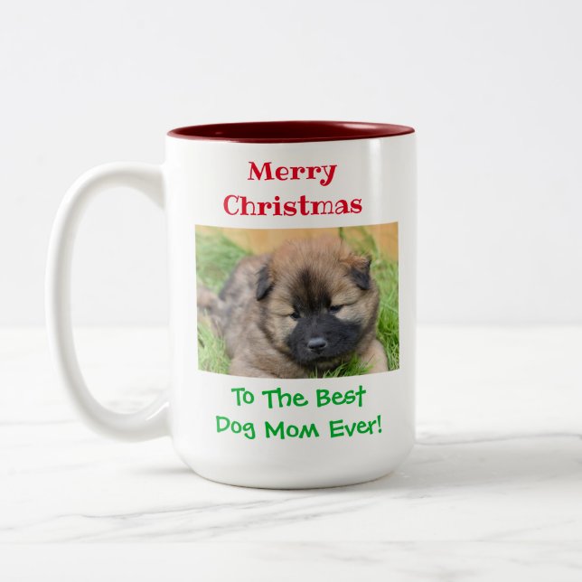 Christmas Best Dog Mum Ever Pet Photo Two-Tone Coffee Mug (Left)