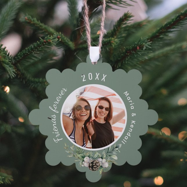 Christmas best friends photo sage green cone pine tree decoration card (Creator Uploaded)