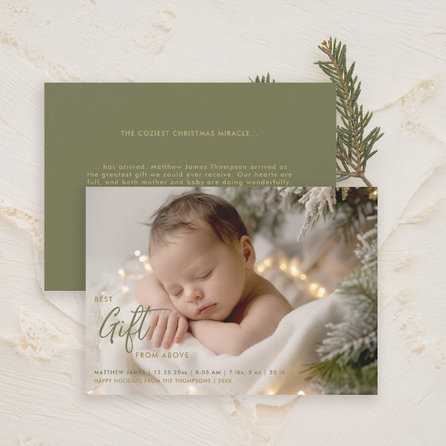 Christmas Best Gift Calligraphy Green Baby Photo Announcement (christmas family card baby announcement best gift calligraphy simple elegant modern gold green)