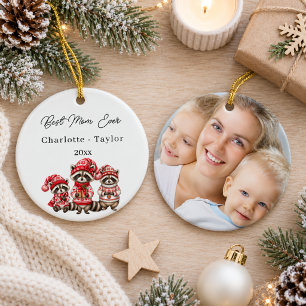 Christmas Best Mum Raccoons Watercolor Photo Ceramic Tree Decoration