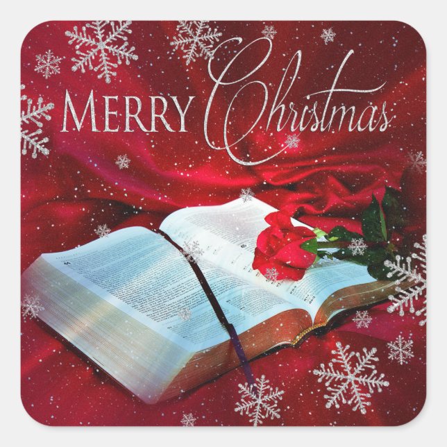 Christmas Bible Christian Square Labels - Red/Snow (Front)