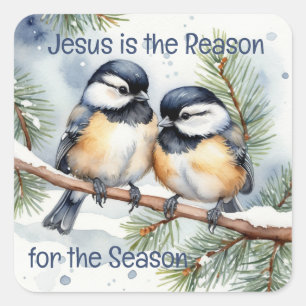 Christmas Bible Quote Cute Chickadee Birds Square Sticker