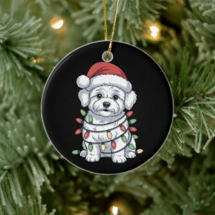 Christmas Bichon Frise Dog Santa Hat Xmas Lights Ceramic Tree Decoration
