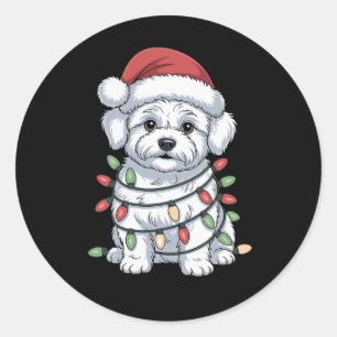 Christmas Bichon Frise Dog Santa Hat Xmas Lights Classic Round Sticker