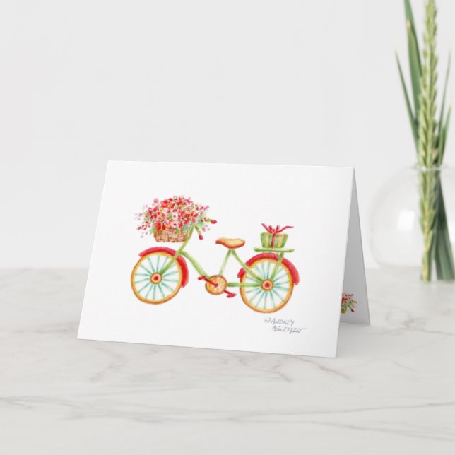 Christmas Bicycle Flower Basket Blank Card (Front)
