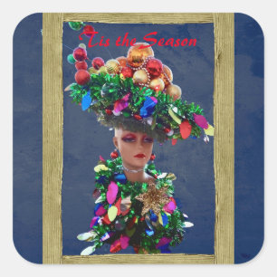 Christmas Big Derby Party Hat with Colourful Balls Square Sticker